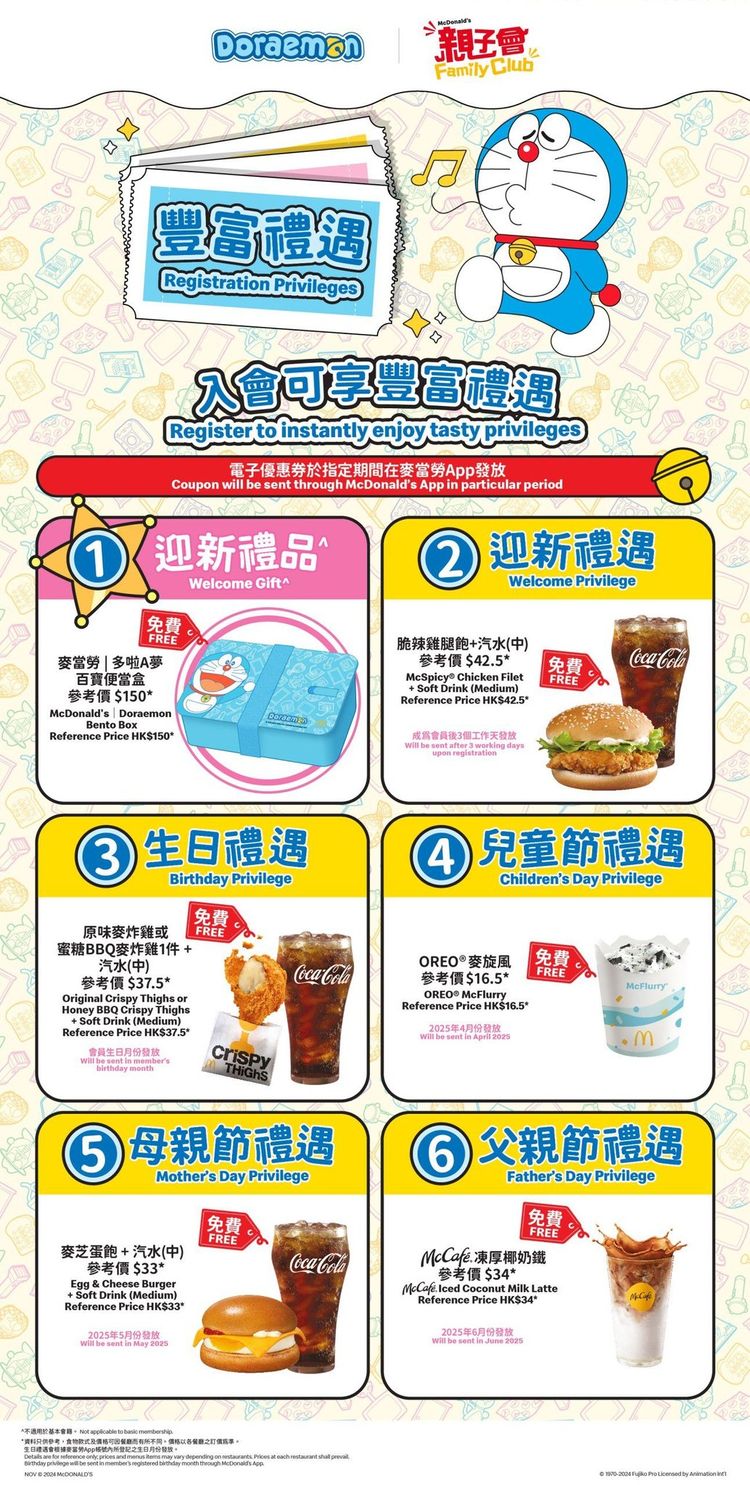 麥當勞親子會2025, 尊尚會籍, 基本會籍, 即日起入會送多啦a夢便當盒, 迎新優惠券, 香港財經時報