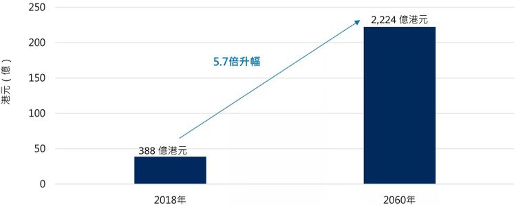 資料來源：《香港長者護理：2018 至2060 年香港長者護理的預計社會成本》報告，香港大學秀圃老年研究中心、婦女基金會及滙豐保險。