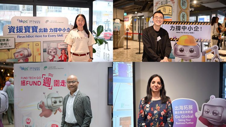 不同業界代表及企業對「中小企資援 組」服務及外展活動留下好評，包括香港十大網 商創傑會榮譽主席鄭嘉盈(左上)、香港大中華中 小企業商會市場策劃發展部主席曾憲權(右上)、 博洋諮詢服務有限公司創辦人兼總裁楊侃(左下) 及 MUUSE Pte Ltd 香港董事 Natasha Chawla(右下)