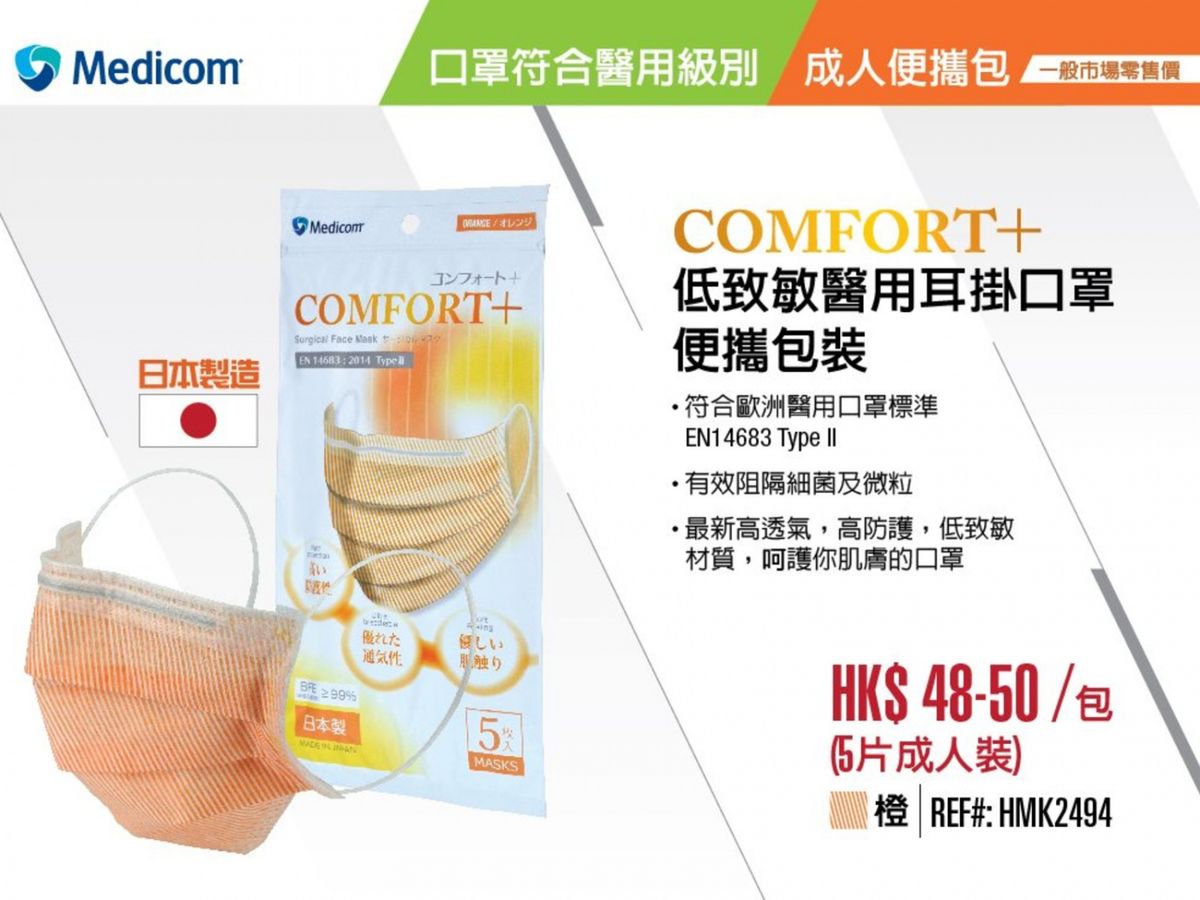 Medicom口罩 日本製造 的 醫用級別橙色口罩 將於 4月24日 起，於 荃灣激安殿堂、尖沙咀激安殿堂 Donki、Bigbig Shop、Ztore 開售。每人 限購 2包