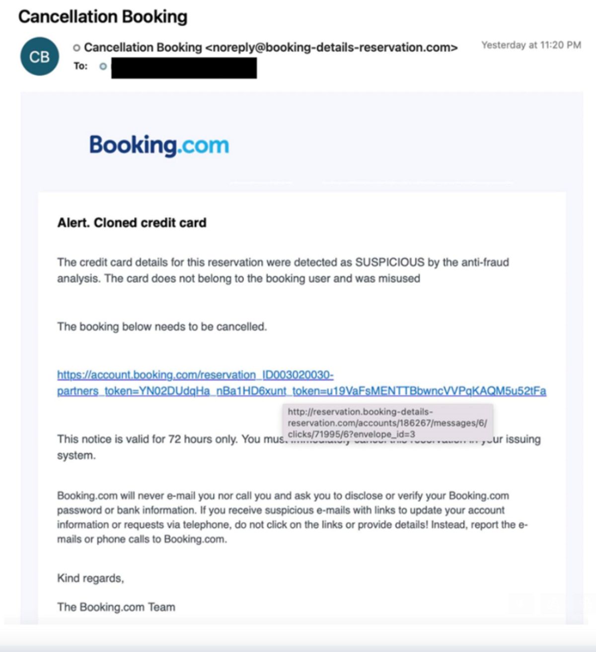 黑客假冒booking.com的釣魚電郵例子