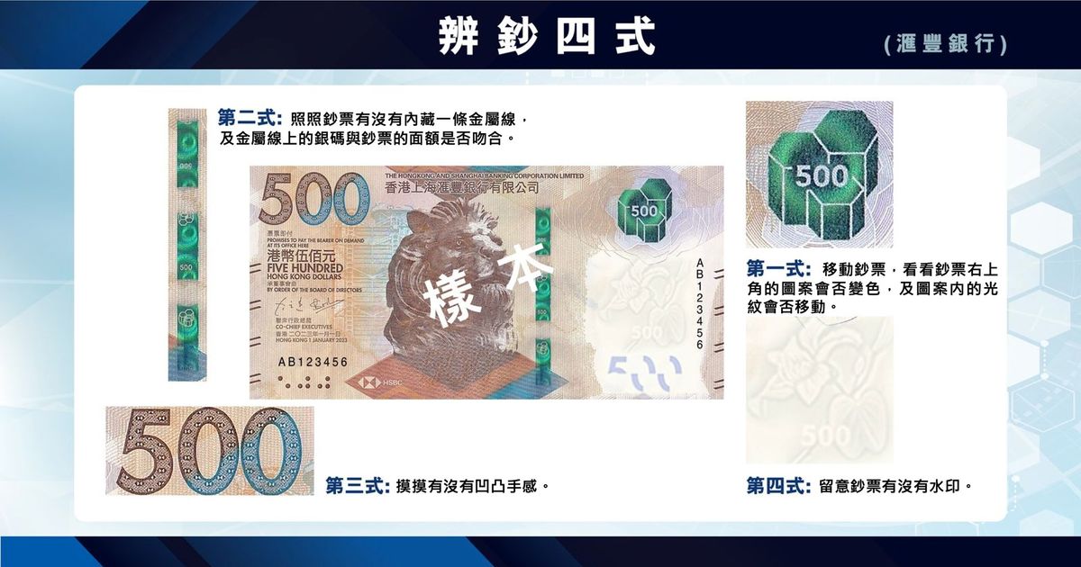 港幣500元偽鈔流入市面, 警方教, 辨鈔四式, 3間發鈔行, 紙幣防偽特徵比較, hkbt, 香港財經時報