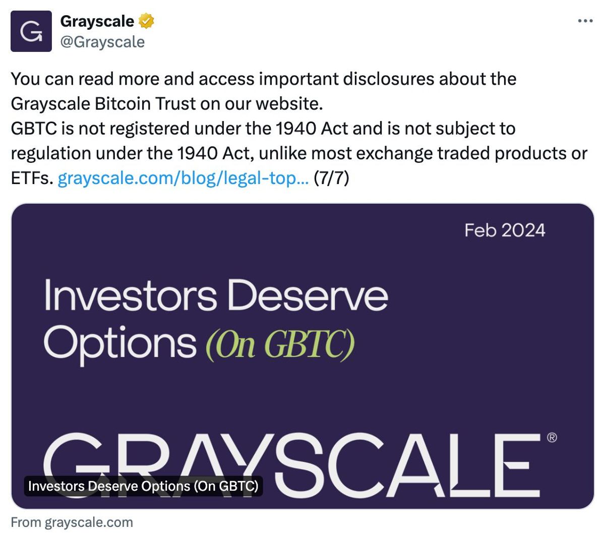加密貨幣2024｜灰度致信美國證券交易委員會：盡快通過比特幣現貨ETF期權交易