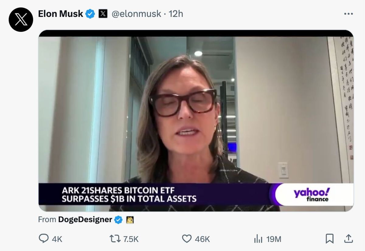 加密貨幣2024｜比特幣現貨ETF：ARKB總資產突破10億美元！Elon Musk轉發有關訊息