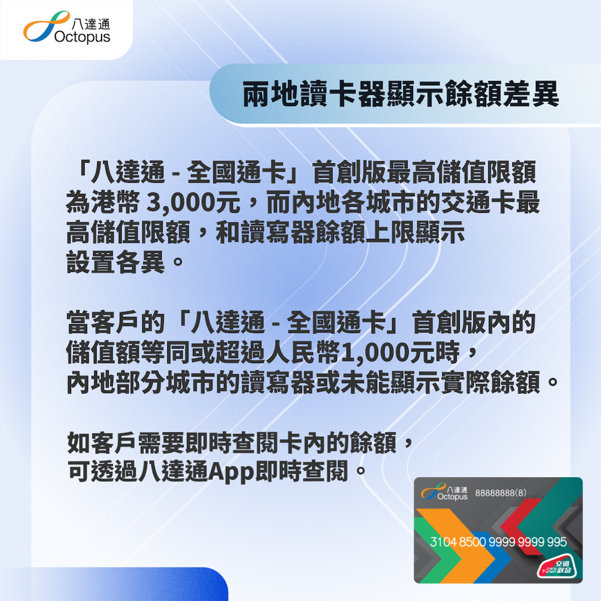 八達通推全國通卡兩地顯示差異
