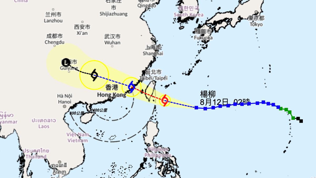 天文台8月12日熱帶氣旋楊柳路徑圖預測