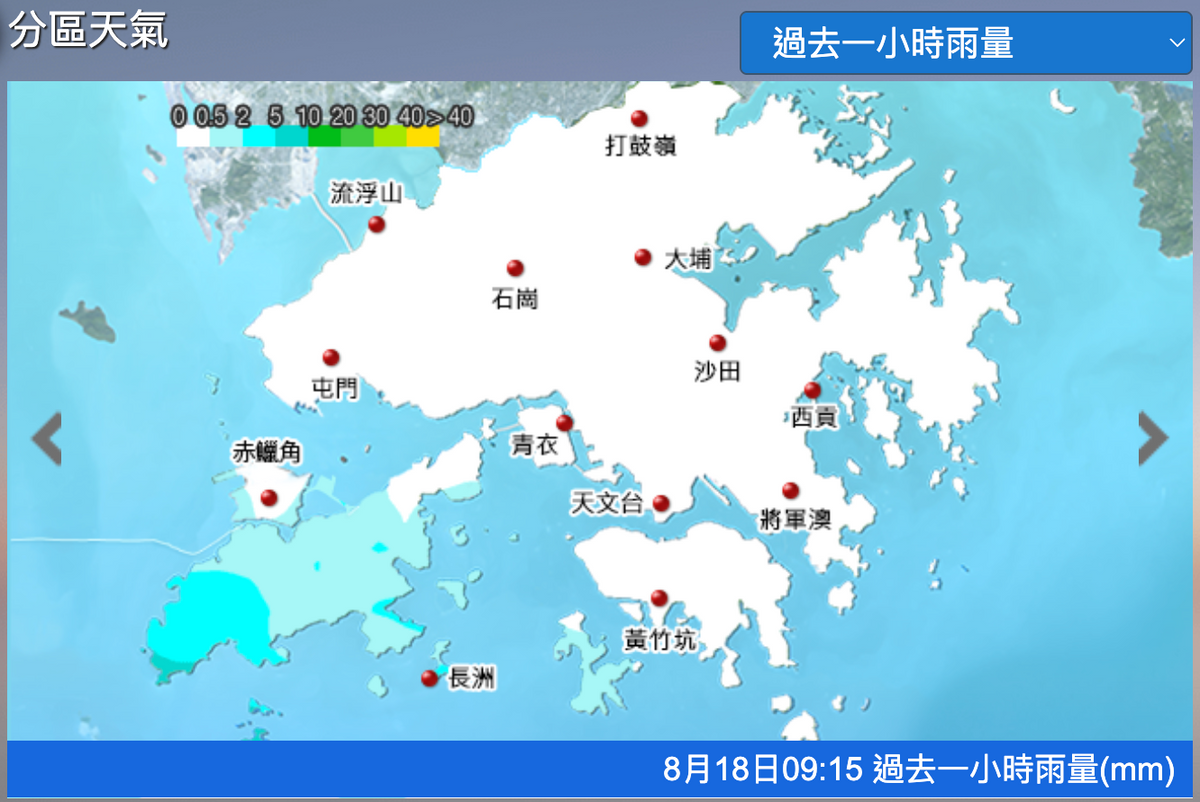 8月18日各區過去一小時雨量