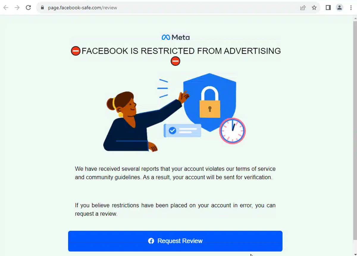 誘使用戶誤以為帳戶被封鎖的虛假網站頁面