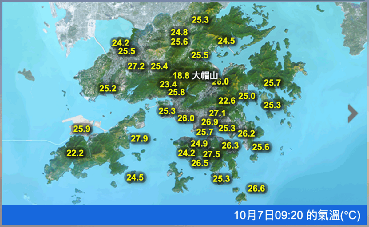 香港天文台 ：10.7 荃灣大帽山氣溫 今早降至15.1度 料明日風勢較大