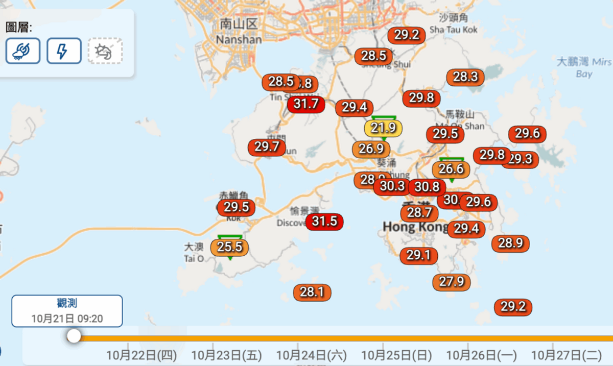 香港天文台 ：本港地區今日氣溫（早上9時20分）