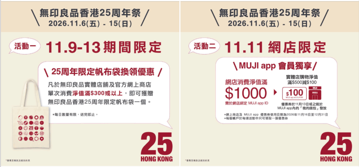 無印良品優惠 ｜25周年慶 11.6起全線9折 滿額送限定帆布袋/優惠券